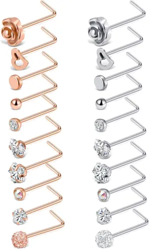 Tornito 20G 20Pcs Stainless Steel Nose Bone L Shaped Screw Studs Rings CZ Nose Ring Labret Nose Piercing Jewelry for Men Women (A1:20Pcs)
