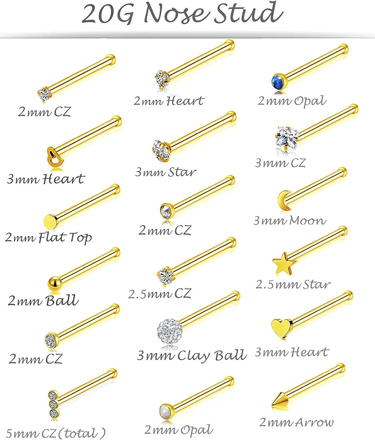 Tornito 20G 38Pcs Stainless Steel L Bone Screw Shaped Nose Studs Nose Rings CZ Hoop Tragus Cartilage Nose Ring Labret Nose Piercing Jewelry for Men Women Rose Gold Tone