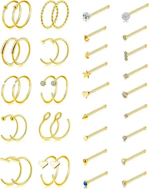 Tornito 20G 38Pcs Stainless Steel L Bone Screw Shaped Nose Studs Nose Rings CZ Hoop Tragus Cartilage Nose Ring Labret Nose Piercing Jewelry for Men Women Rose Gold Tone