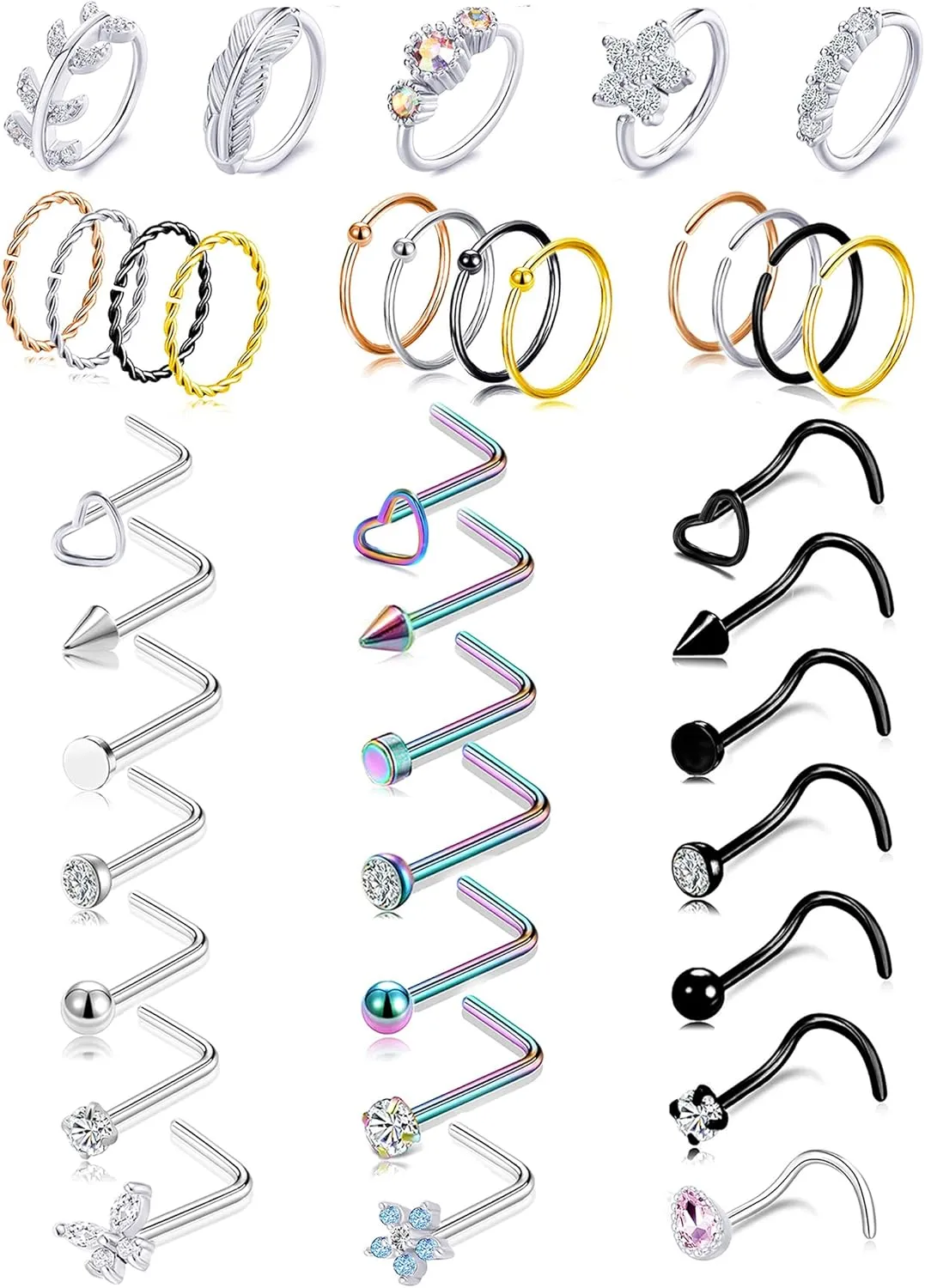 Tornito 20G 38Pcs Stainless Steel L Bone Screw Shaped Nose Studs Nose Rings CZ Hoop Tragus Cartilage Nose Ring Labret Nose Piercing Jewelry for Men Women Rose Gold Tone