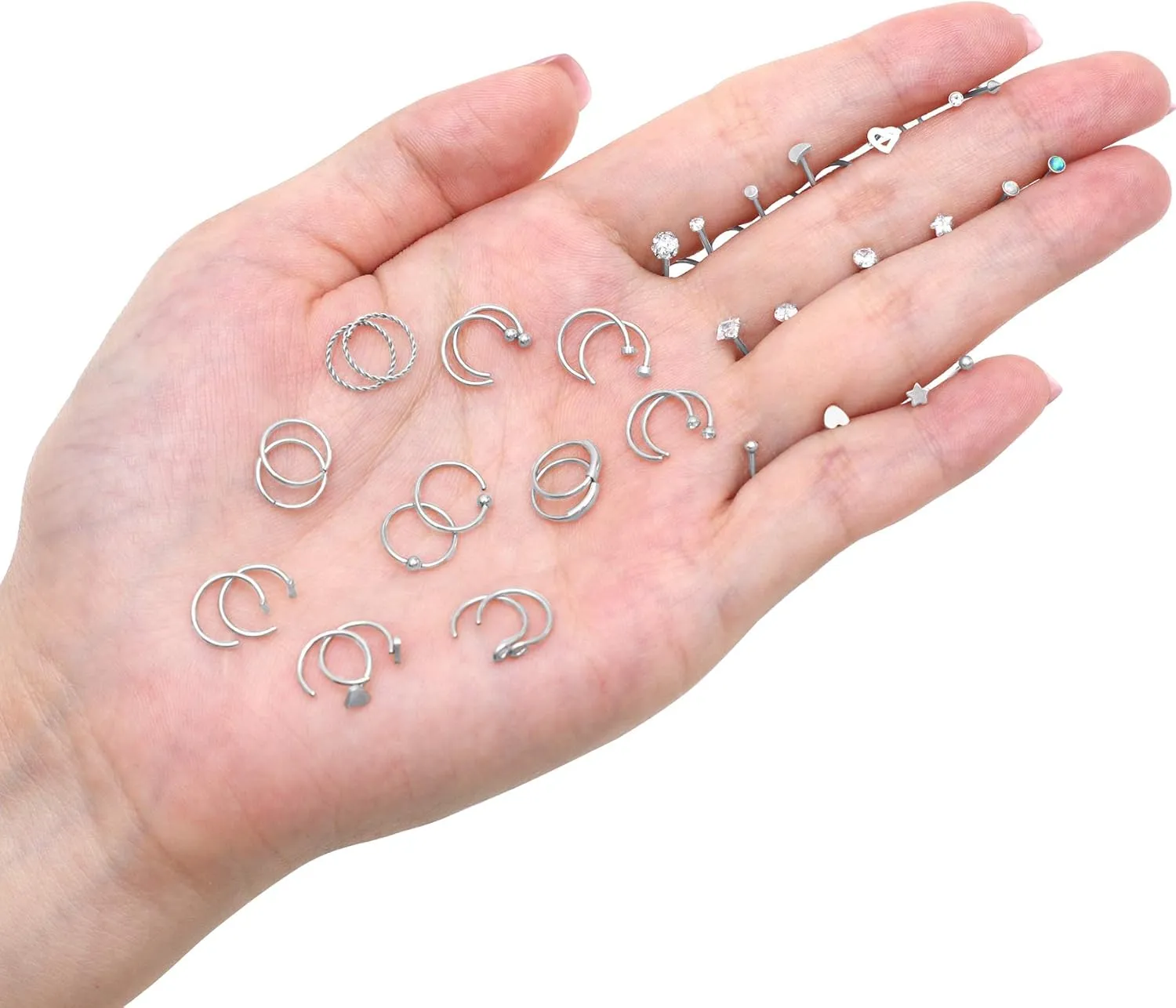 Tornito 20G 38Pcs Stainless Steel L Bone Screw Shaped Nose Studs Nose Rings CZ Hoop Tragus Cartilage Nose Ring Labret Nose Piercing Jewelry for Men Women Rose Gold Tone