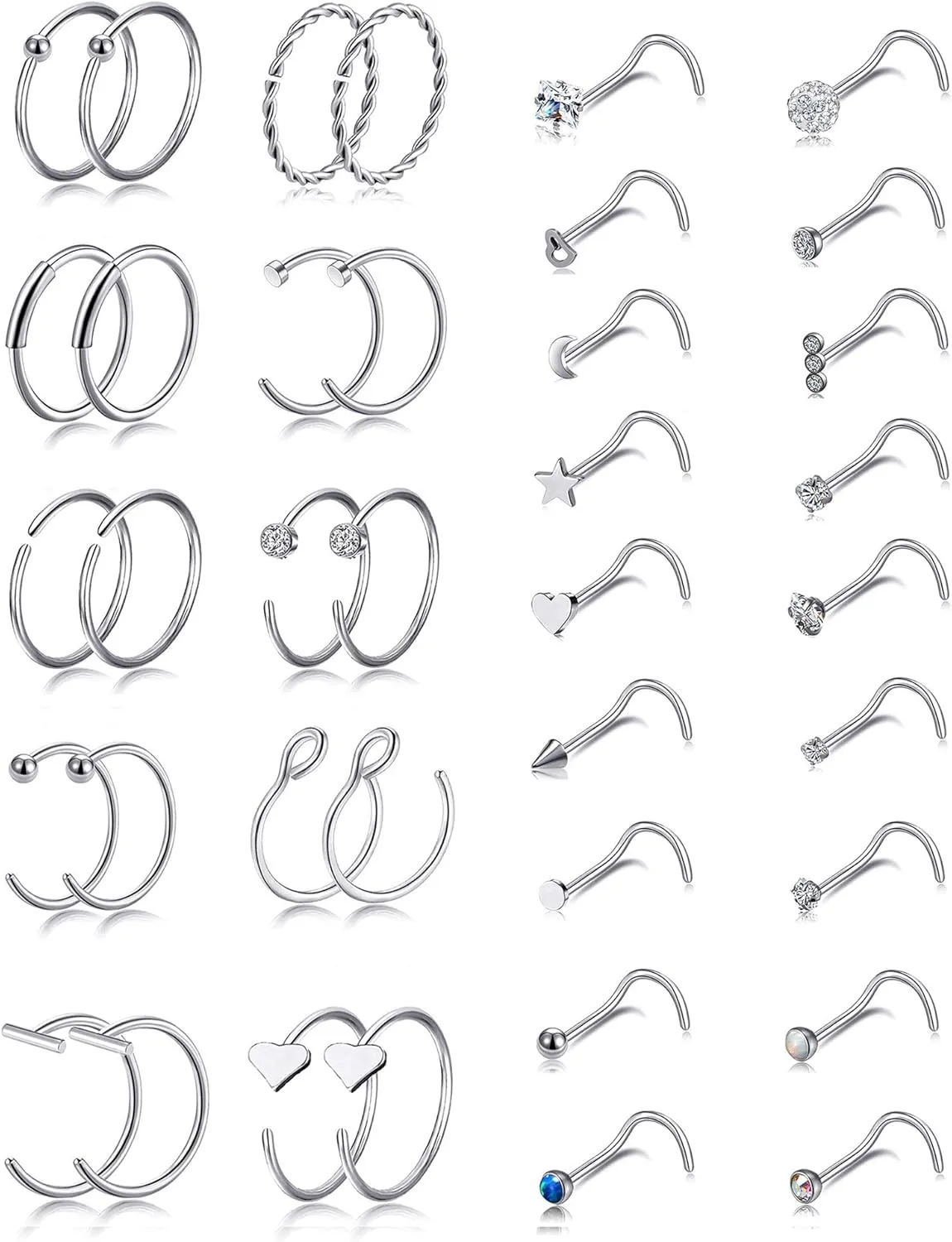 Tornito 20G 38Pcs Stainless Steel L Bone Screw Shaped Nose Studs Nose Rings CZ Hoop Tragus Cartilage Nose Ring Labret Nose Piercing Jewelry for Men Women Rose Gold Tone