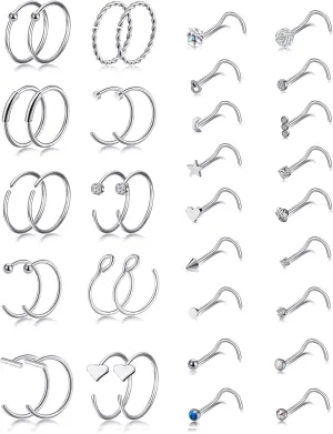 Tornito 20G 38Pcs Stainless Steel L Bone Screw Shaped Nose Studs Nose Rings CZ Hoop Tragus Cartilage Nose Ring Labret Nose Piercing Jewelry for Men Women Rose Gold Tone