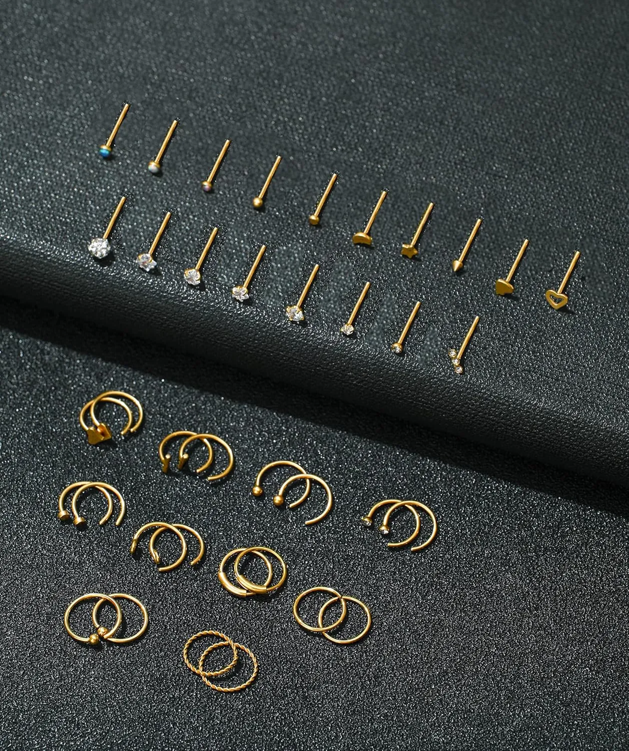 Tornito 20G 38Pcs Stainless Steel L Bone Screw Shaped Nose Studs Nose Rings CZ Hoop Tragus Cartilage Nose Ring Labret Nose Piercing Jewelry for Men Women Rose Gold Tone