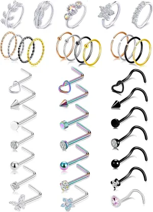 Tornito 20G 38Pcs Stainless Steel L Bone Screw Shaped Nose Studs Nose Rings CZ Hoop Tragus Cartilage Nose Ring Labret Nose Piercing Jewelry for Men Women Rose Gold Tone