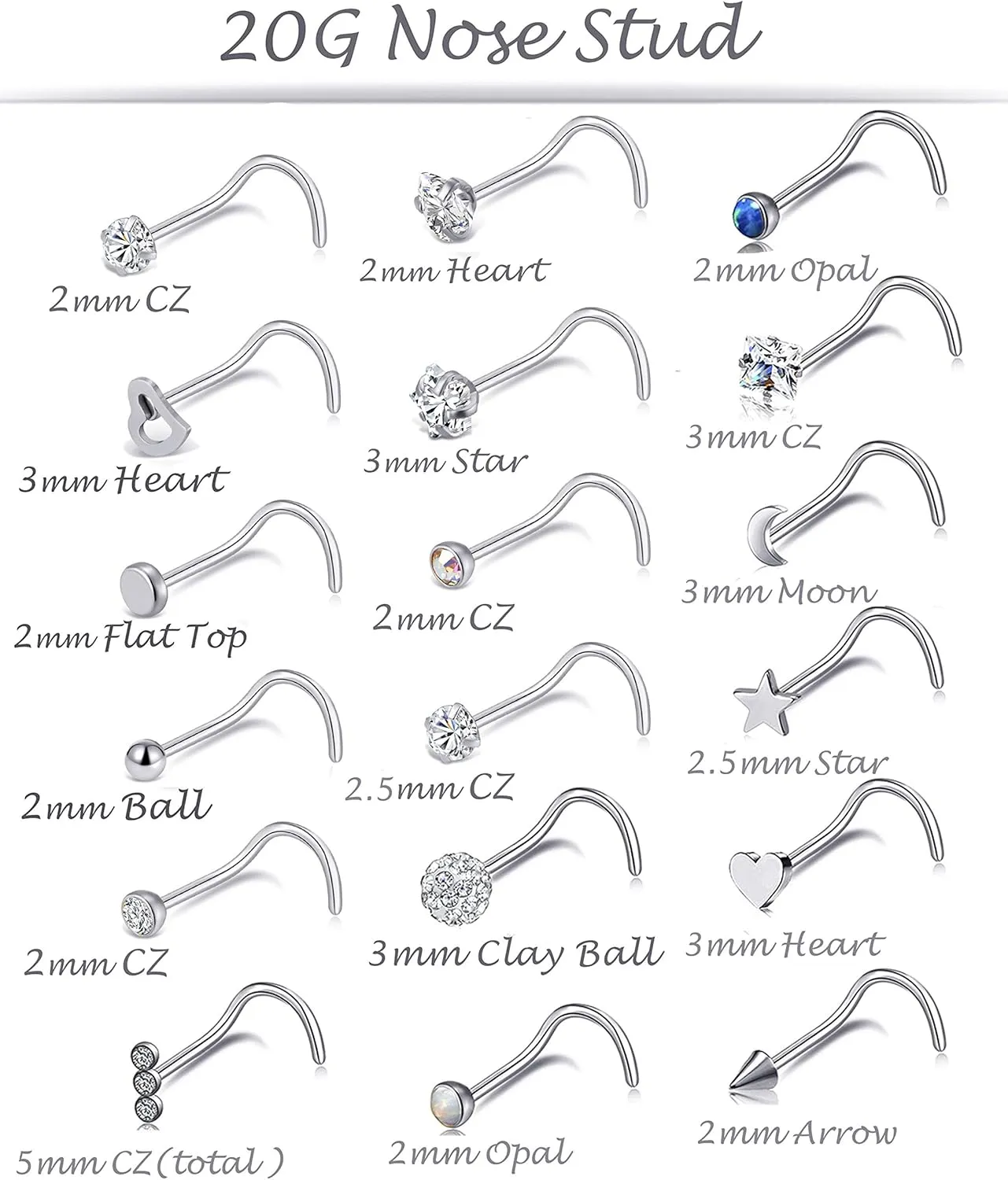 Tornito 20G 38Pcs Stainless Steel L Bone Screw Shaped Nose Studs Nose Rings CZ Hoop Tragus Cartilage Nose Ring Labret Nose Piercing Jewelry for Men Women Rose Gold Tone