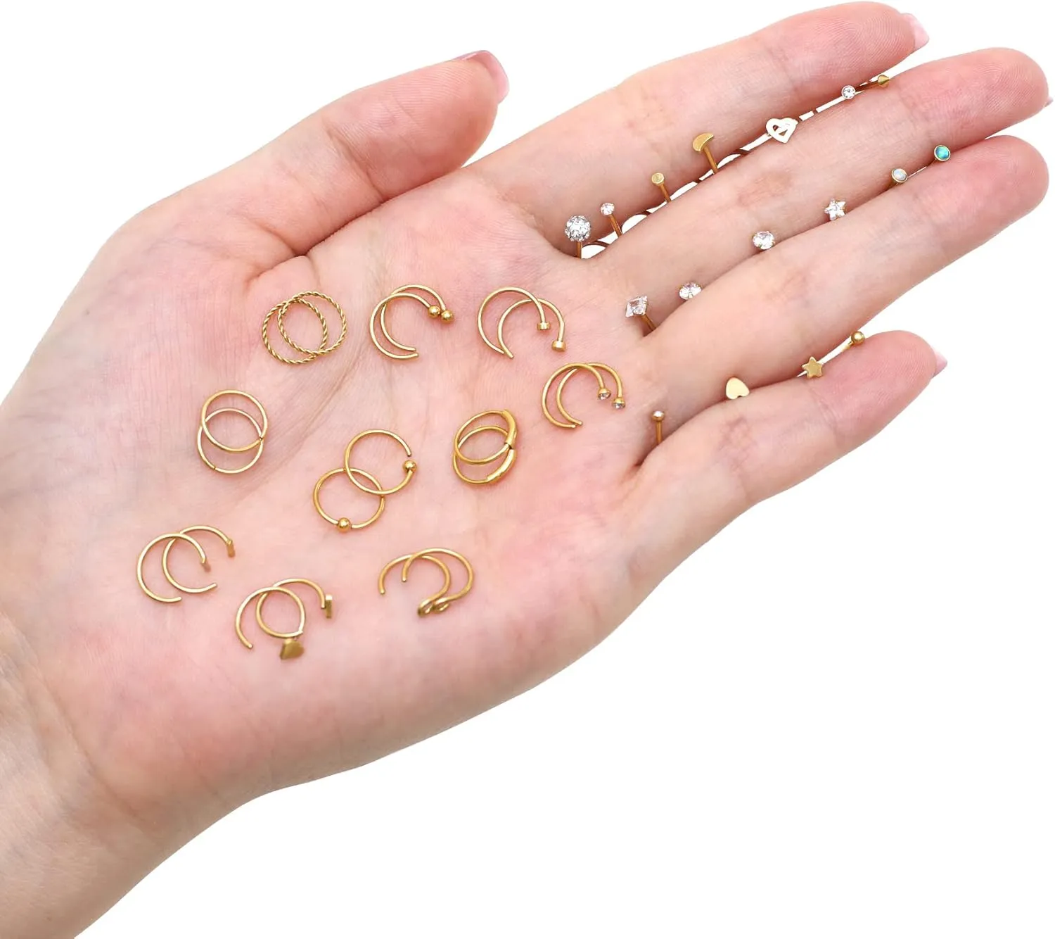 Tornito 20G 38Pcs Stainless Steel L Bone Screw Shaped Nose Studs Nose Rings CZ Hoop Tragus Cartilage Nose Ring Labret Nose Piercing Jewelry for Men Women Rose Gold Tone