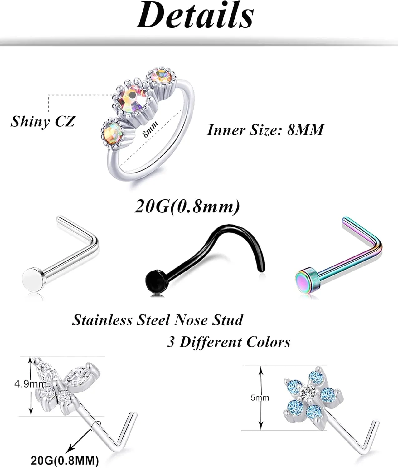 Tornito 20G 38Pcs Stainless Steel L Bone Screw Shaped Nose Studs Nose Rings CZ Hoop Tragus Cartilage Nose Ring Labret Nose Piercing Jewelry for Men Women Rose Gold Tone