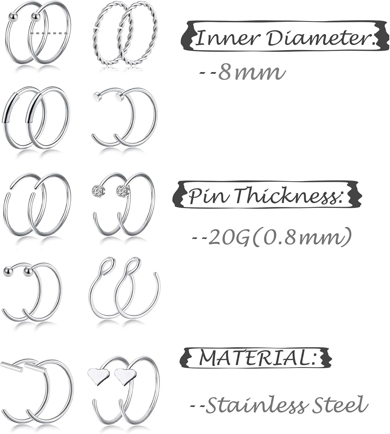 Tornito 20G 38Pcs Stainless Steel L Bone Screw Shaped Nose Studs Nose Rings CZ Hoop Tragus Cartilage Nose Ring Labret Nose Piercing Jewelry for Men Women Rose Gold Tone