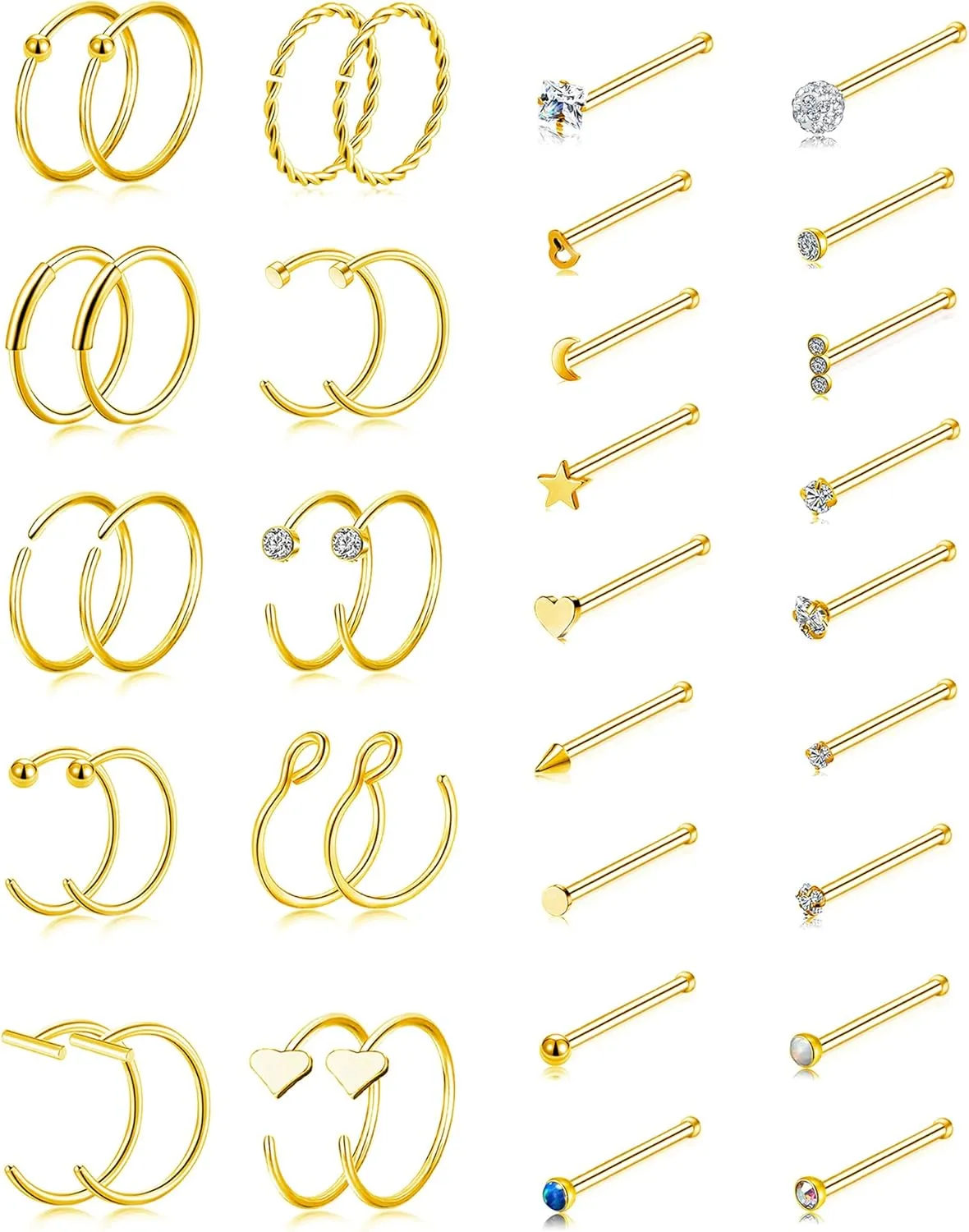 Tornito 20G 38Pcs Stainless Steel L Bone Screw Shaped Nose Studs Nose Rings CZ Hoop Tragus Cartilage Nose Ring Labret Nose Piercing Jewelry for Men Women Rose Gold Tone