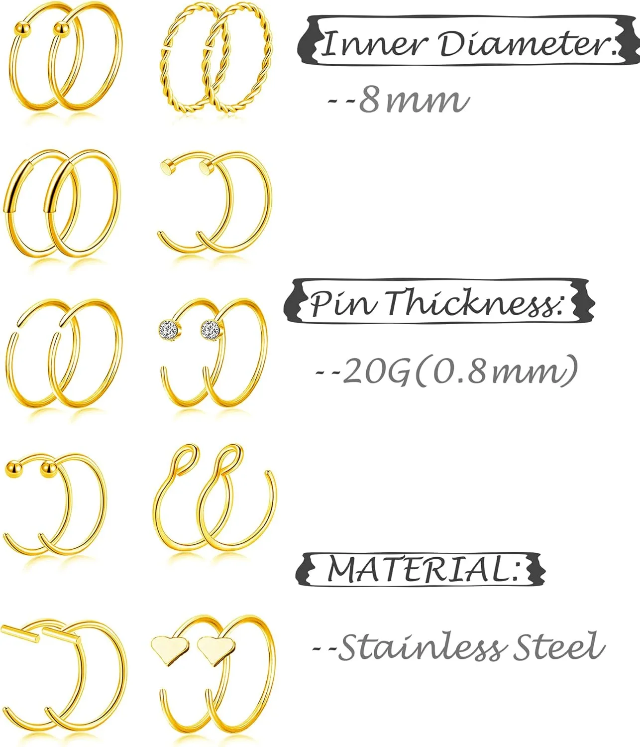 Tornito 20G 38Pcs Stainless Steel L Bone Screw Shaped Nose Studs Nose Rings CZ Hoop Tragus Cartilage Nose Ring Labret Nose Piercing Jewelry for Men Women Rose Gold Tone