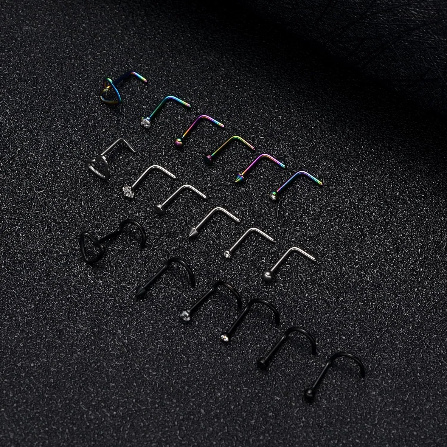 Tornito 20G 38Pcs Stainless Steel L Bone Screw Shaped Nose Studs Nose Rings CZ Hoop Tragus Cartilage Nose Ring Labret Nose Piercing Jewelry for Men Women Rose Gold Tone