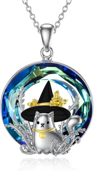 TOUPOP Cat Necklace s925 Sterling Silver Cat in Hat Star Gold Plated Pendant Necklaces with Blue Crystal Christmas Birthday Jewelry Gifts for Women Sisters Cat Lover
