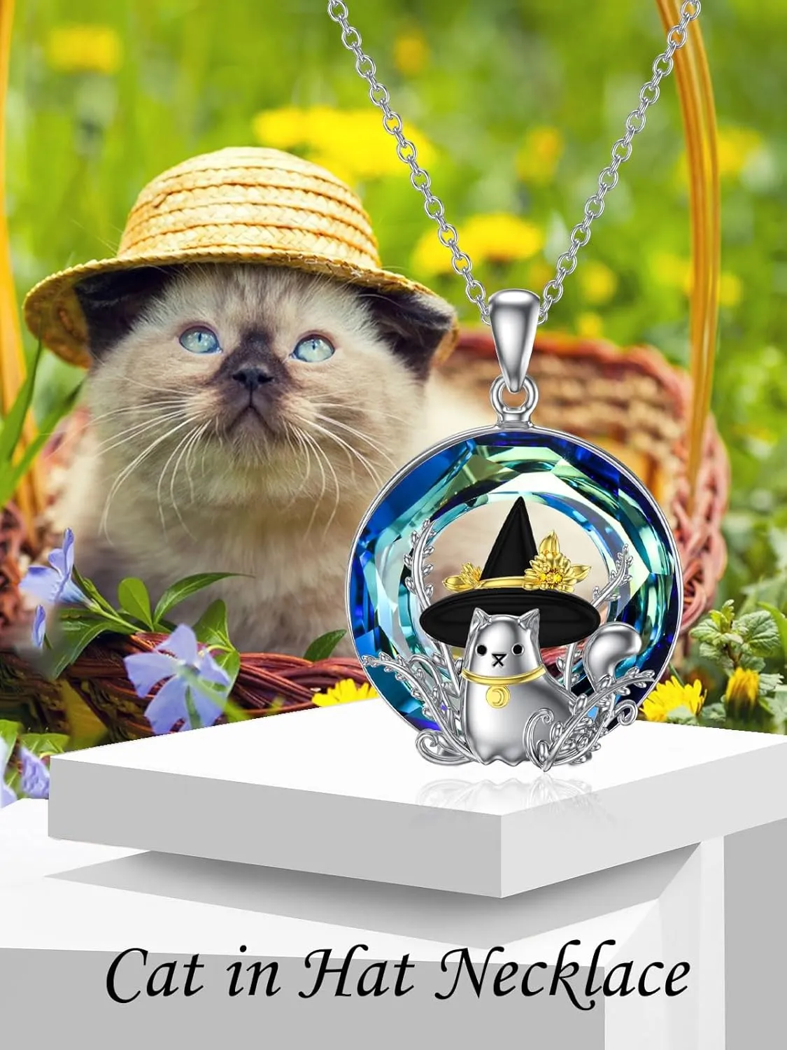 TOUPOP Cat Necklace s925 Sterling Silver Cat in Hat Star Gold Plated Pendant Necklaces with Blue Crystal Christmas Birthday Jewelry Gifts for Women Sisters Cat Lover