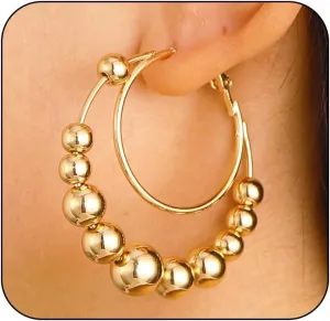 Trendy Gold Big Beaded Hoop Earrings Dainty Double Loop Silver Ball Bead Dangle Earring for Women Large Vintage Round Circle Dangling Statement Jewelry