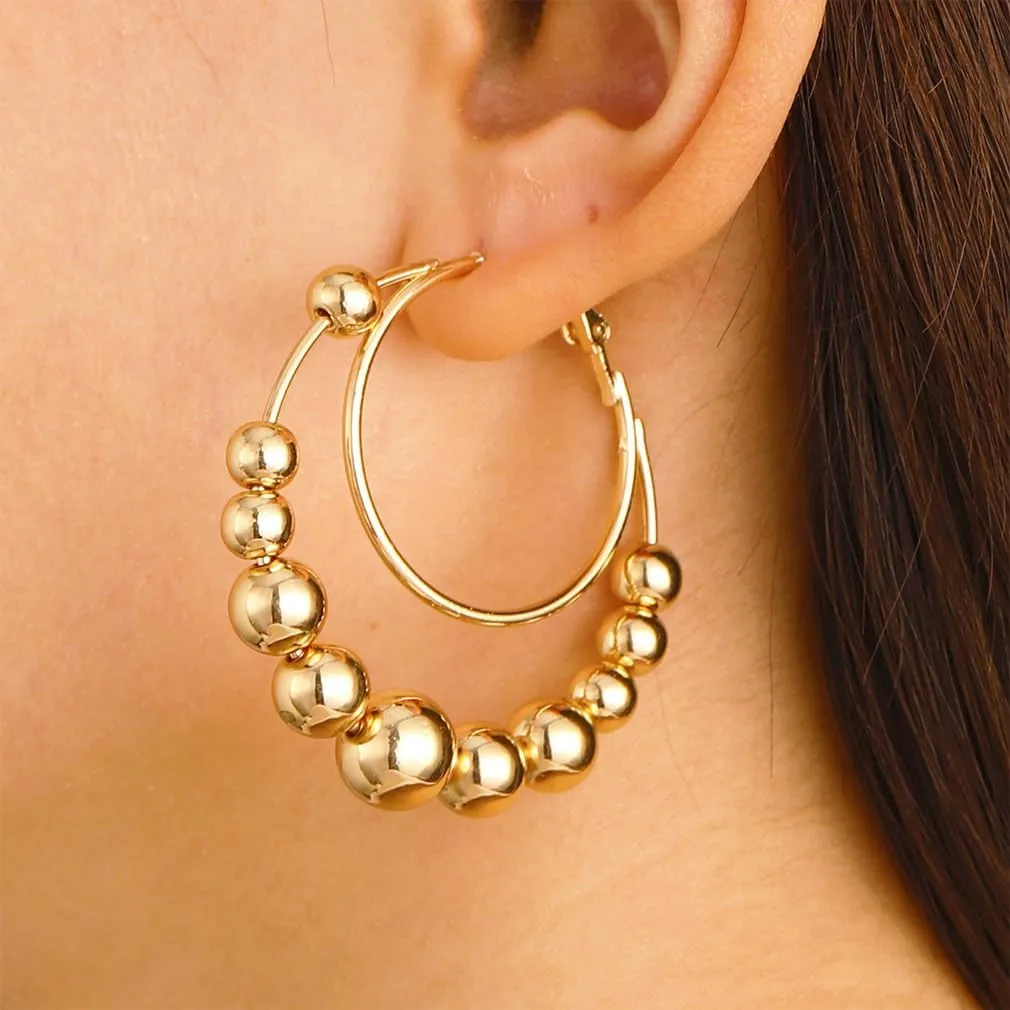 Trendy Gold Big Beaded Hoop Earrings Dainty Double Loop Silver Ball Bead Dangle Earring for Women Large Vintage Round Circle Dangling Statement Jewelry