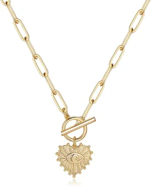 Turandoss Gold Paperclip Chain Necklace for Women, 14K Gold Plated Dainty Paperclip Link Chain Necklace Medallion Evil Eye Star Lightning Heart Butterfly Oval Link Paperclip Chain Necklaces for Women
