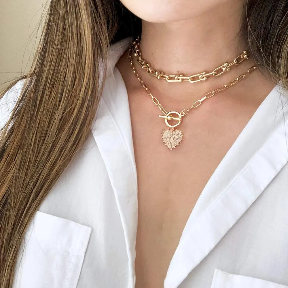 Turandoss Gold Paperclip Chain Necklace for Women, 14K Gold Plated Dainty Paperclip Link Chain Necklace Medallion Evil Eye Star Lightning Heart Butterfly Oval Link Paperclip Chain Necklaces for Women