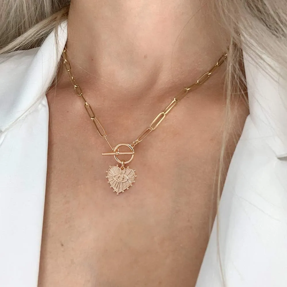 Turandoss Gold Paperclip Chain Necklace for Women, 14K Gold Plated Dainty Paperclip Link Chain Necklace Medallion Evil Eye Star Lightning Heart Butterfly Oval Link Paperclip Chain Necklaces for Women