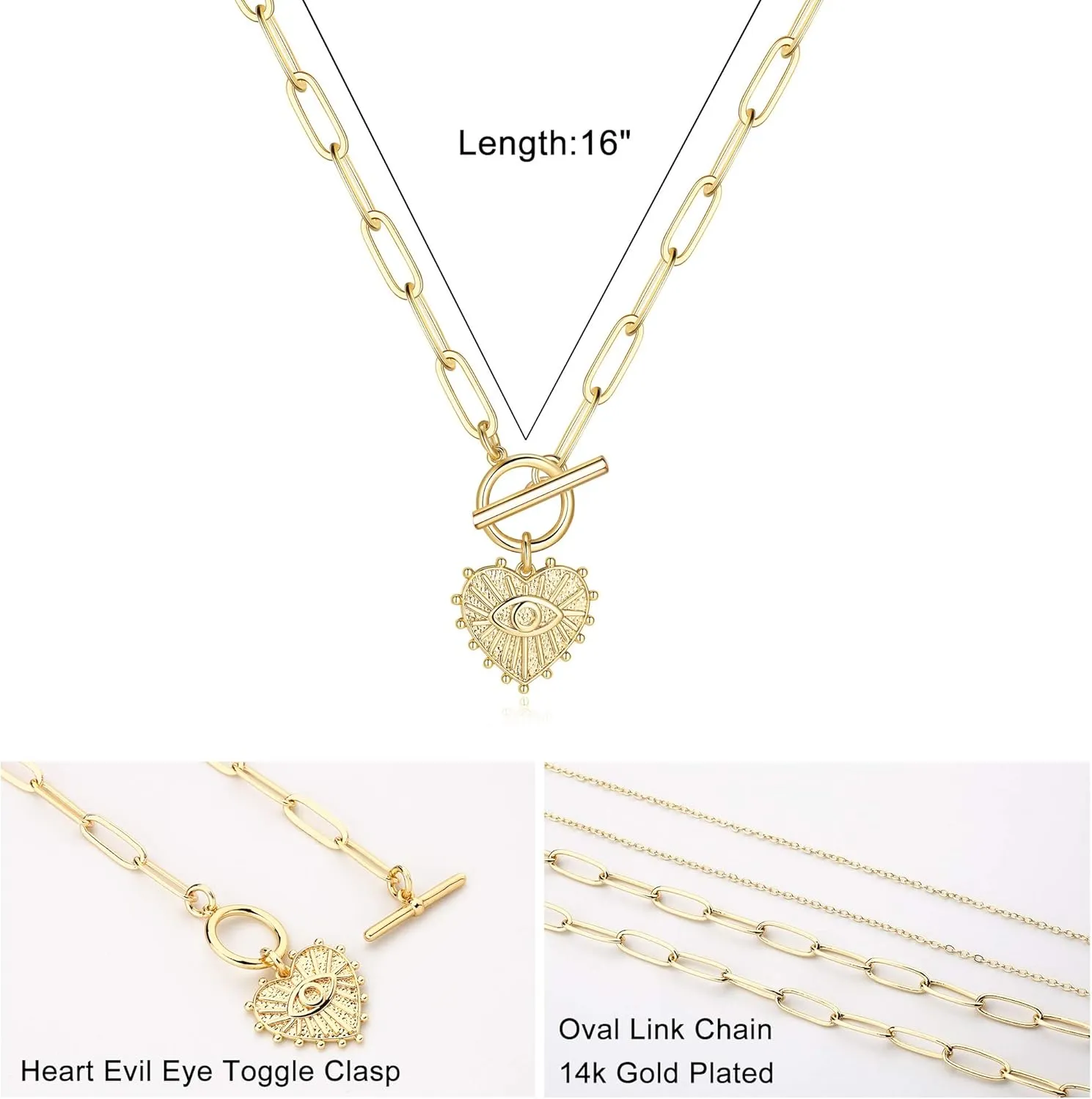 Turandoss Gold Paperclip Chain Necklace for Women, 14K Gold Plated Dainty Paperclip Link Chain Necklace Medallion Evil Eye Star Lightning Heart Butterfly Oval Link Paperclip Chain Necklaces for Women