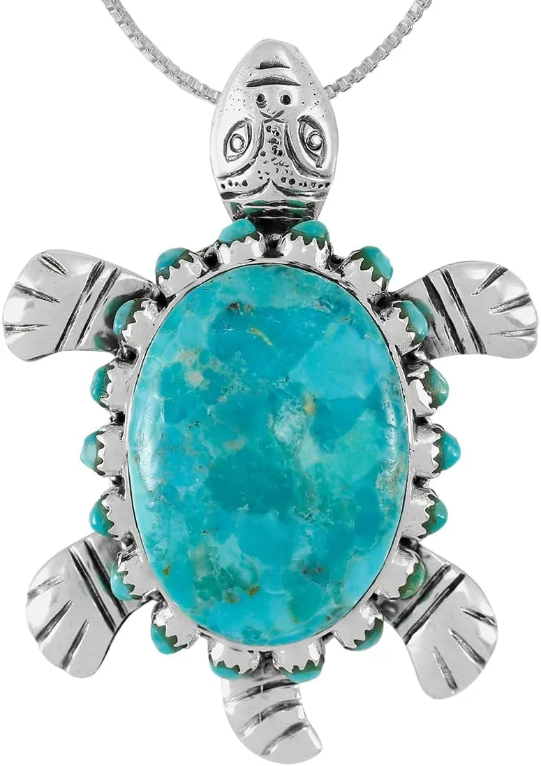 Turtle Turquoise Pendant Necklace 20" Sterling Silver 925 Genuine Gemstones (Choose Color)