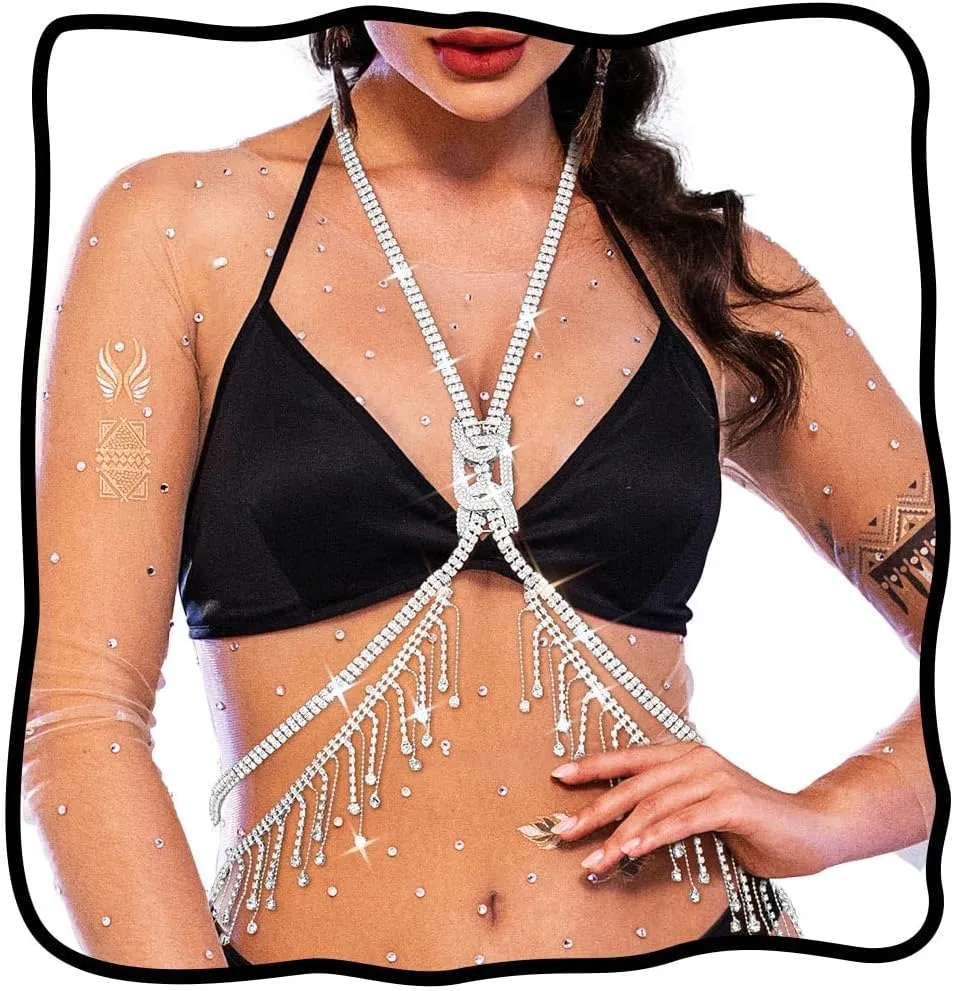 TWINKLEDE Crystal Body Jewelry Sliver Rhinestone Chest Chain Sparkly Tassel Body Chain Accessories for Women