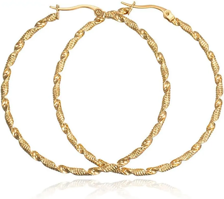 Twist Round Hoop Earrings 18K Gold Plated Surgical Titanium Steel Hoop Earrings Diametre35mm 50mm
