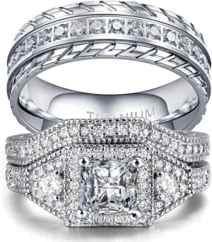 Two Rings His Hers Wedding Ring Sets Couples Matching Rings Women's 2pc White Gold Filled Square CZ Wedding Engagement Ring Bridal Sets & Men's Titanium Wedding Band