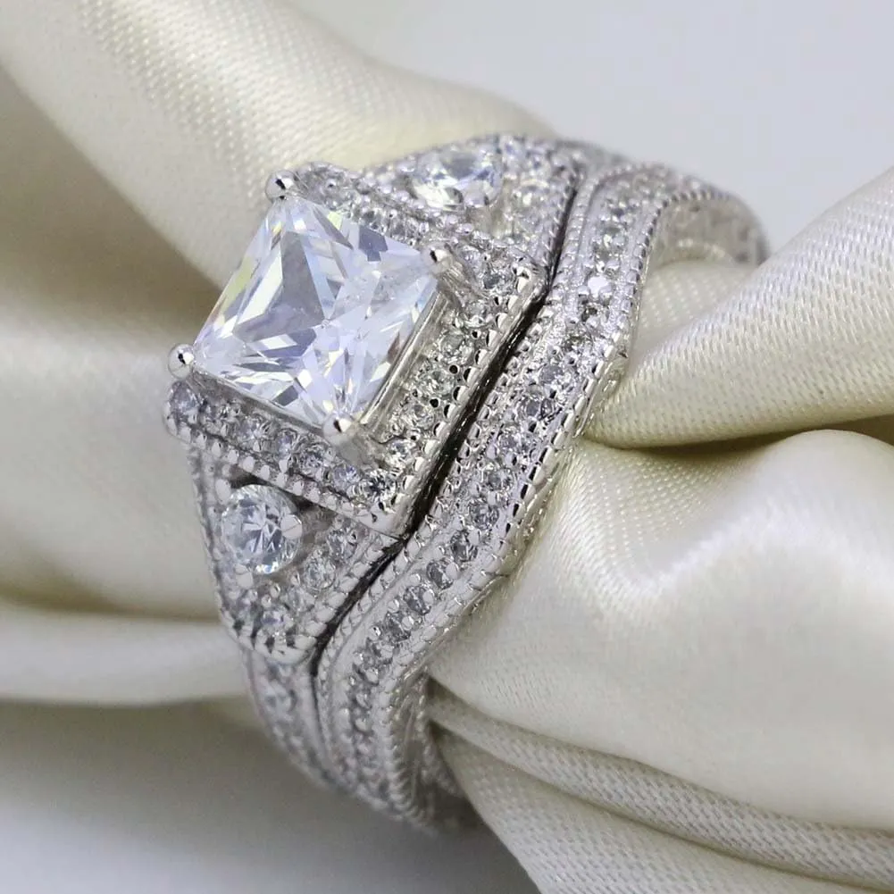 Two Rings His Hers Wedding Ring Sets Couples Matching Rings Women's 2pc White Gold Filled Square CZ Wedding Engagement Ring Bridal Sets & Men's Titanium Wedding Band