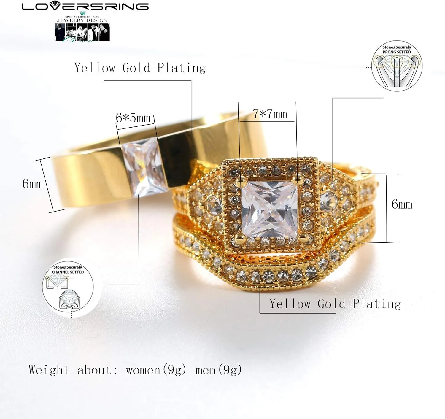 Two Rings His Hers Wedding Ring Sets Couples Rings Women's 10k Yellow Gold Plated White CZ Wedding Engagement Ring Bridal Sets & Men's Titanium Wedding Band
