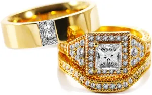 Two Rings His Hers Wedding Ring Sets Couples Rings Women's 10k Yellow Gold Plated White CZ Wedding Engagement Ring Bridal Sets & Men's Titanium Wedding Band
