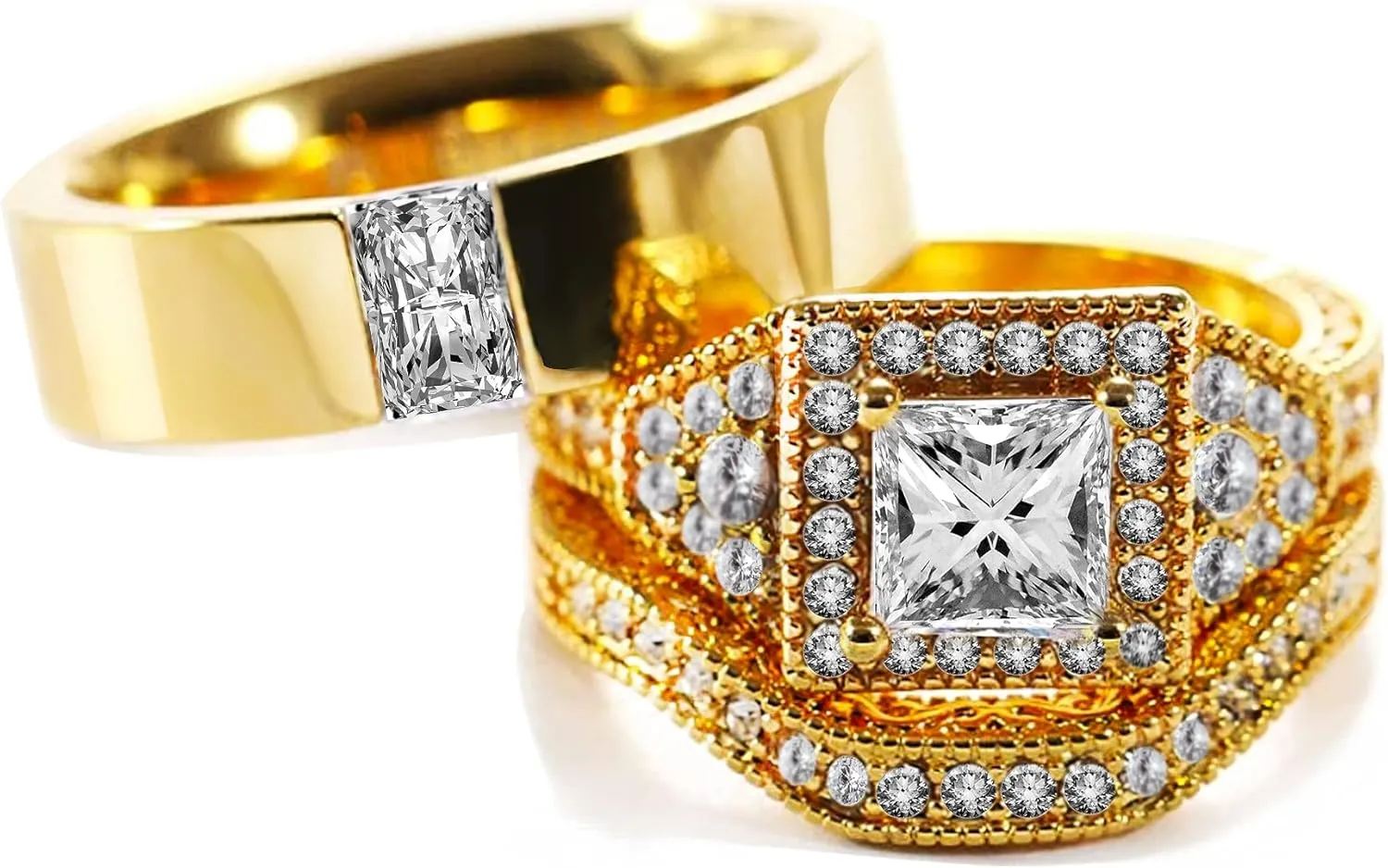 Two Rings His Hers Wedding Ring Sets Couples Rings Women's 10k Yellow Gold Plated White CZ Wedding Engagement Ring Bridal Sets & Men's Titanium Wedding Band