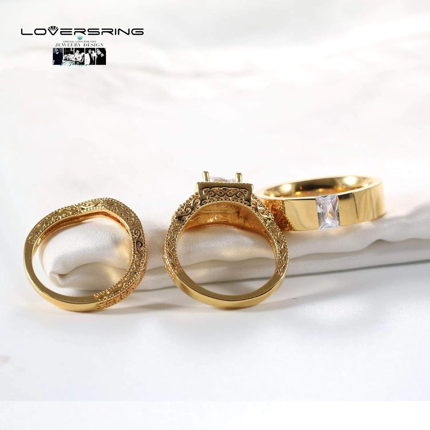Two Rings His Hers Wedding Ring Sets Couples Rings Women's 10k Yellow Gold Plated White CZ Wedding Engagement Ring Bridal Sets & Men's Titanium Wedding Band