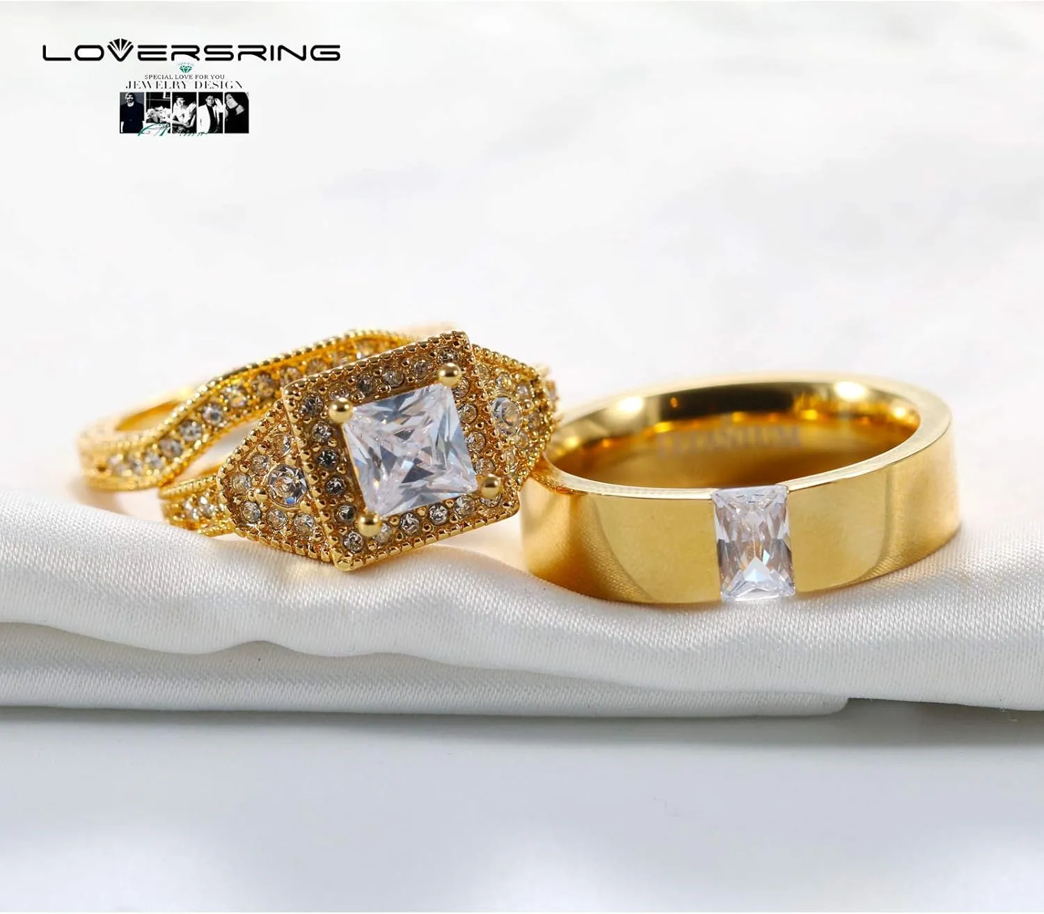 Two Rings His Hers Wedding Ring Sets Couples Rings Women's 10k Yellow Gold Plated White CZ Wedding Engagement Ring Bridal Sets & Men's Titanium Wedding Band