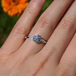 TwoBirch Platinum Plated 925 Sterling Silver 1 CT Round Moissanite Engagement Ring with Cubic Zirconia Baguette Side Stones (Sizes 5 to 9)