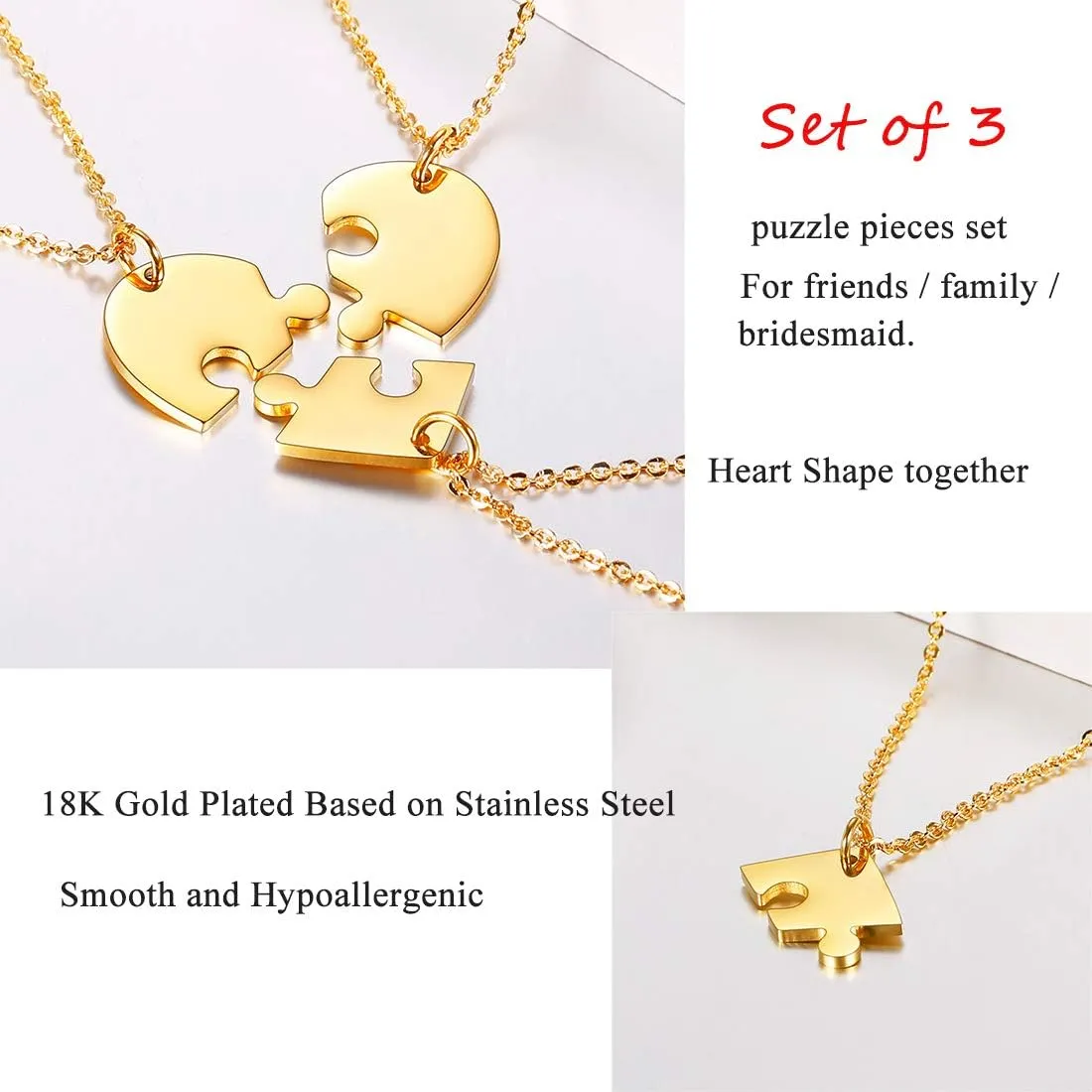 U7 BFF Necklace for 2/3/4/5/6 Women Girls Stainless Steel Personalized Family/Sibling/Friendship Jewelry Set Custom Best Friend Name Engrave Heart Puzzle Matching Pendant Necklaces