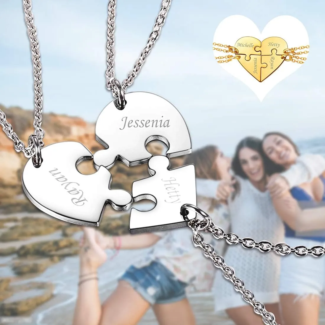 U7 BFF Necklace for 2/3/4/5/6 Women Girls Stainless Steel Personalized Family/Sibling/Friendship Jewelry Set Custom Best Friend Name Engrave Heart Puzzle Matching Pendant Necklaces