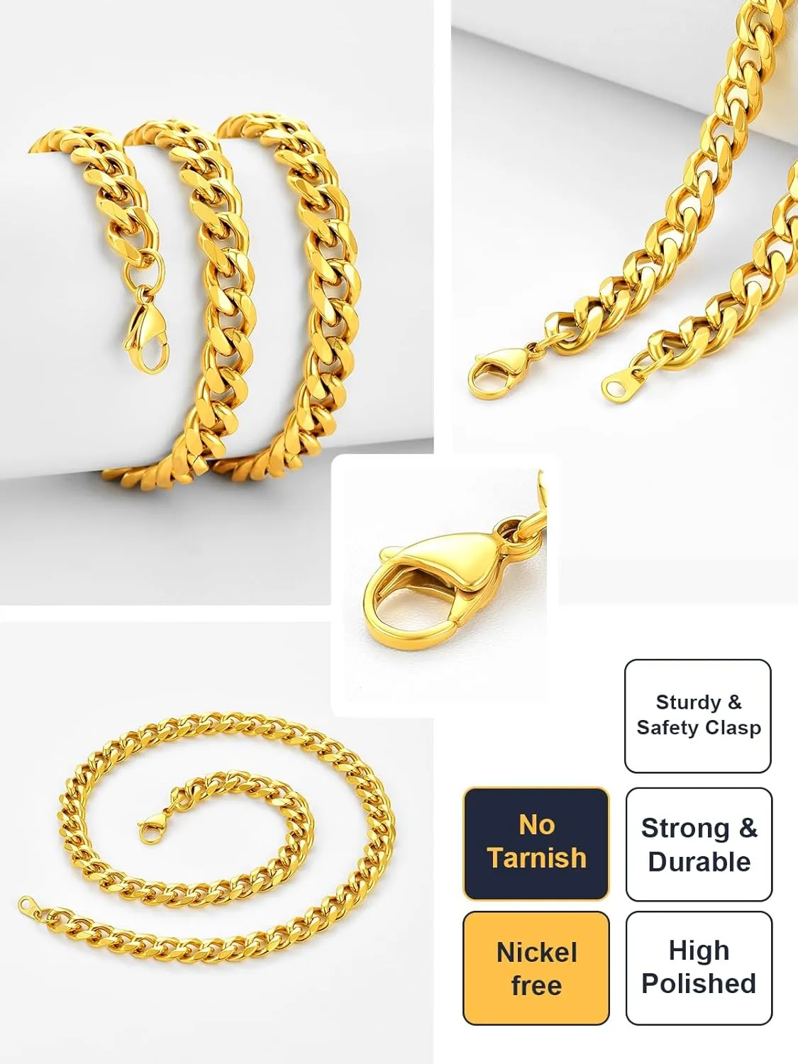 U7 Diamond Cut Miami Cuban Link Chain for Men Women Stainless Steel Curb Chain Necklace, Cool Hip Hop Jewelry Silver/Black/18K Gold Plated Chains, Width 3/6/9/12mm,18/20/22/24/26/28/30 Inch