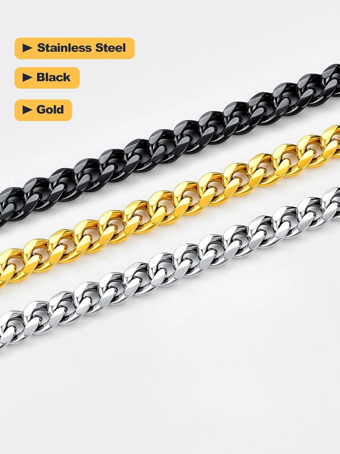 U7 Diamond Cut Miami Cuban Link Chain for Men Women Stainless Steel Curb Chain Necklace, Cool Hip Hop Jewelry Silver/Black/18K Gold Plated Chains, Width 3/6/9/12mm,18/20/22/24/26/28/30 Inch