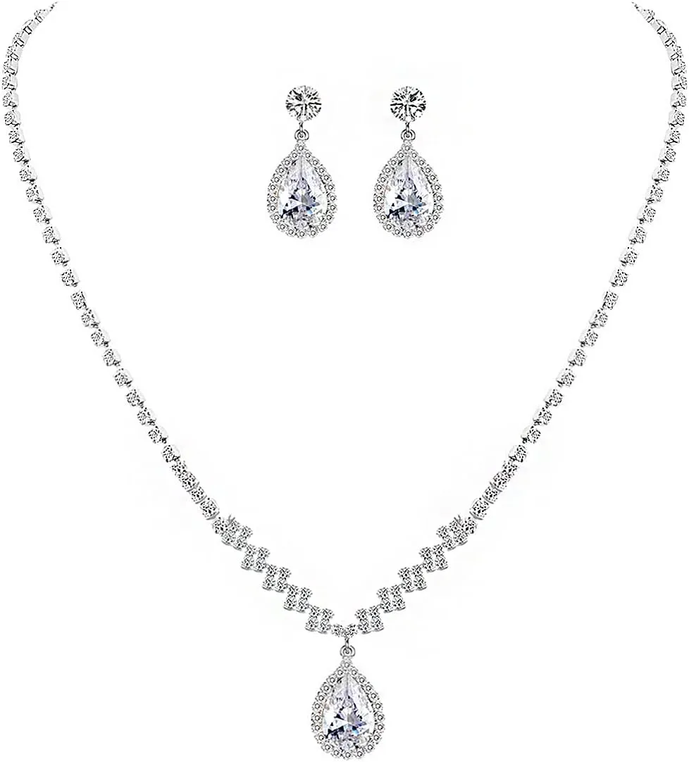 UDYLGOON Bride Rhinestone Crystal Earrings Necklace Jewelry Set for Bridesmaid Bride Wedding Costume Prom