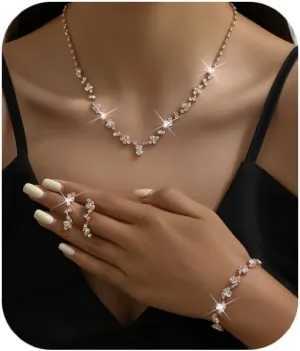 UDYLGOON Crystal Necklace Earrings Bracelet Jewelry Set Bride Bridesmaid Wedding Prom Party
