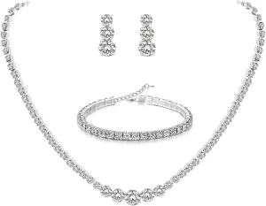 UDYLGOON Rhinestone Jewelry Set Silver Black Earrings Necklace Bracelet Set for Women Wedding Party Prom