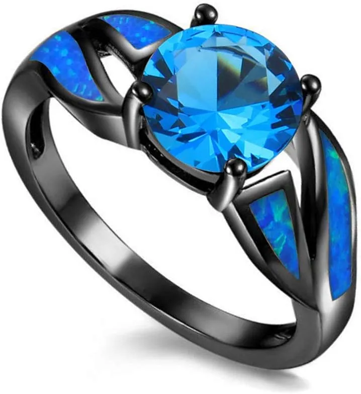 UFOORO Black Rhodium Plated Fire Opal infinity Ring Cubic Zircon Wedding Engagement Anniversary Rings For women