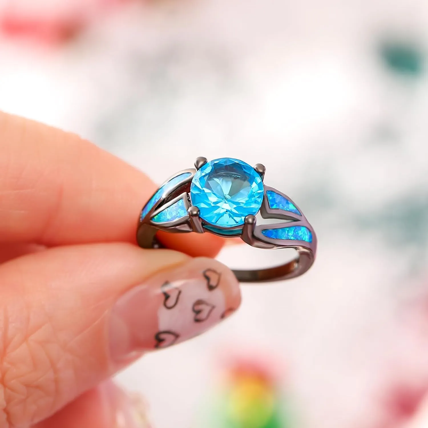 UFOORO Black Rhodium Plated Fire Opal infinity Ring Cubic Zircon Wedding Engagement Anniversary Rings For women