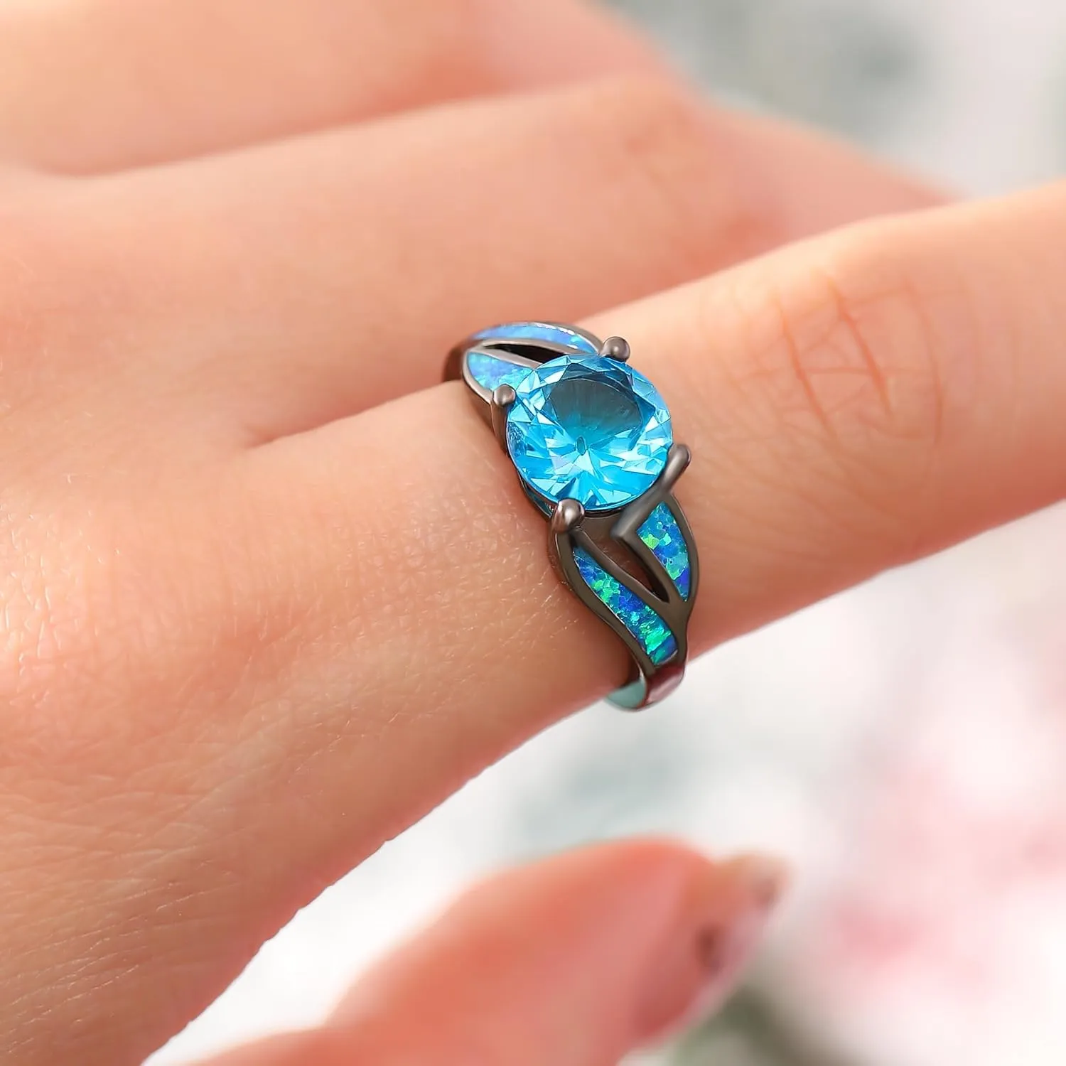 UFOORO Black Rhodium Plated Fire Opal infinity Ring Cubic Zircon Wedding Engagement Anniversary Rings For women
