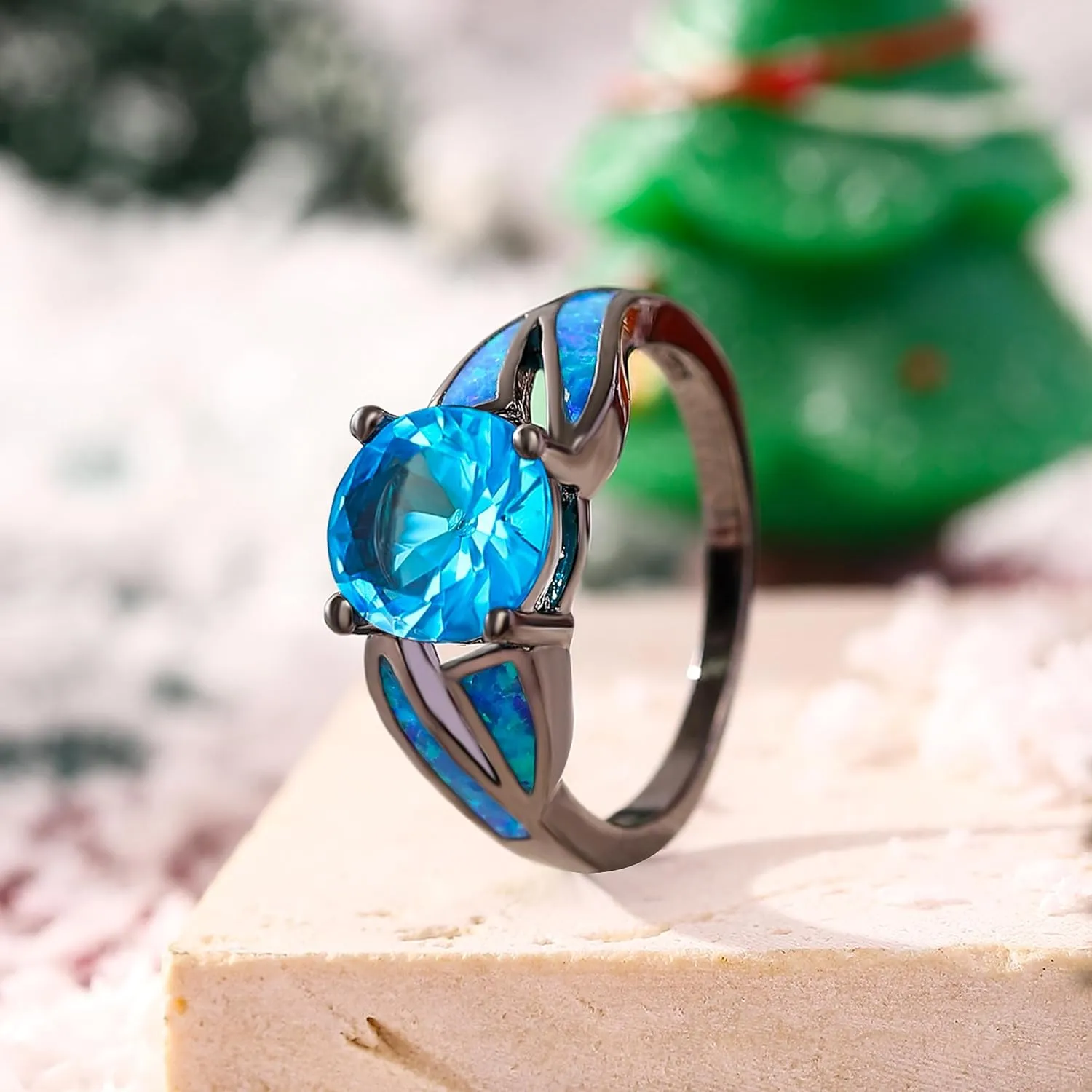 UFOORO Black Rhodium Plated Fire Opal infinity Ring Cubic Zircon Wedding Engagement Anniversary Rings For women
