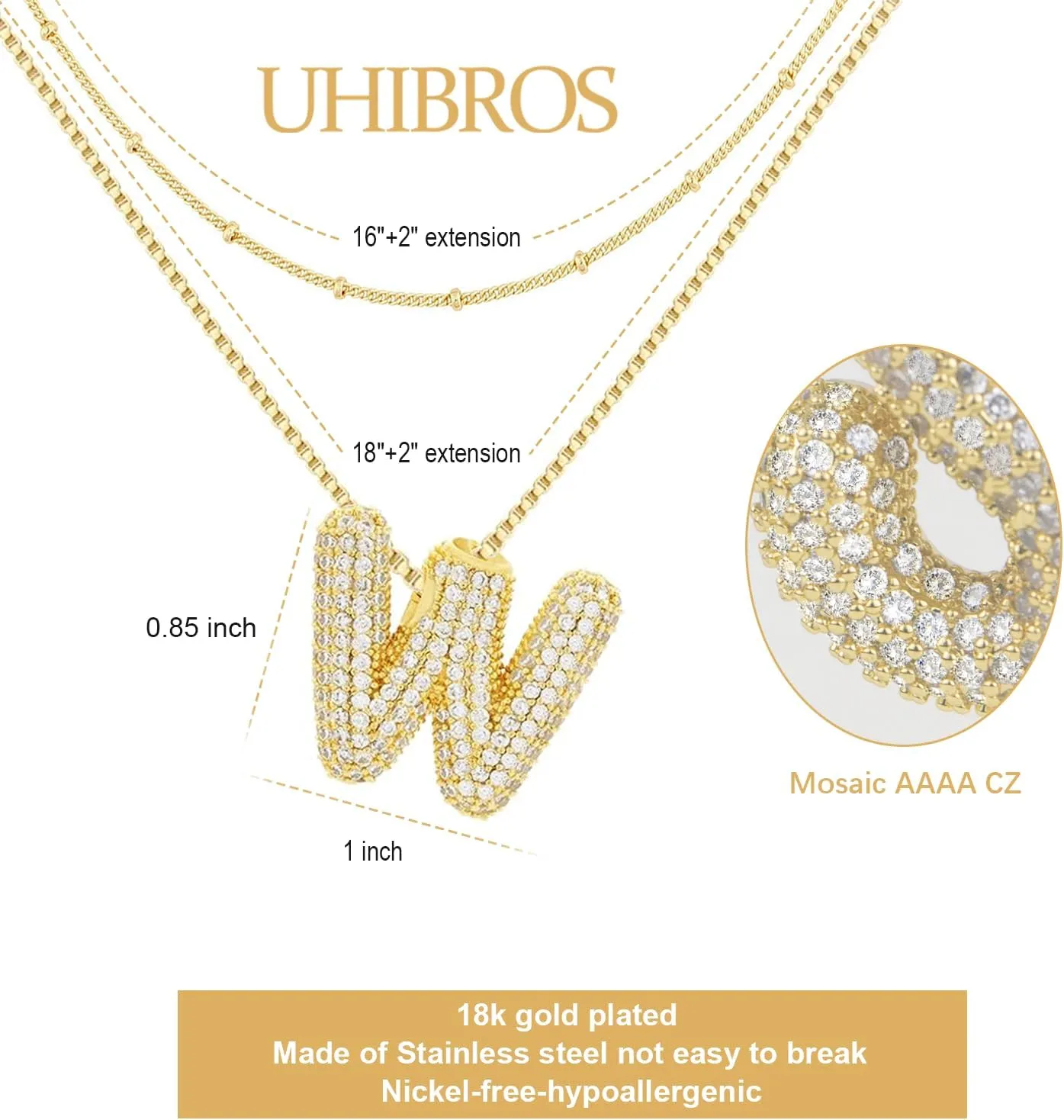 UHIBROS Bubble Letter Necklace, Gold Balloon Initial Necklaces for Women, Cubic Zirconia Dainty Charm Alphabet Pendant, 18K Gold Plated Custom Name Choker, Trendy Puffy Personalized Jewelry