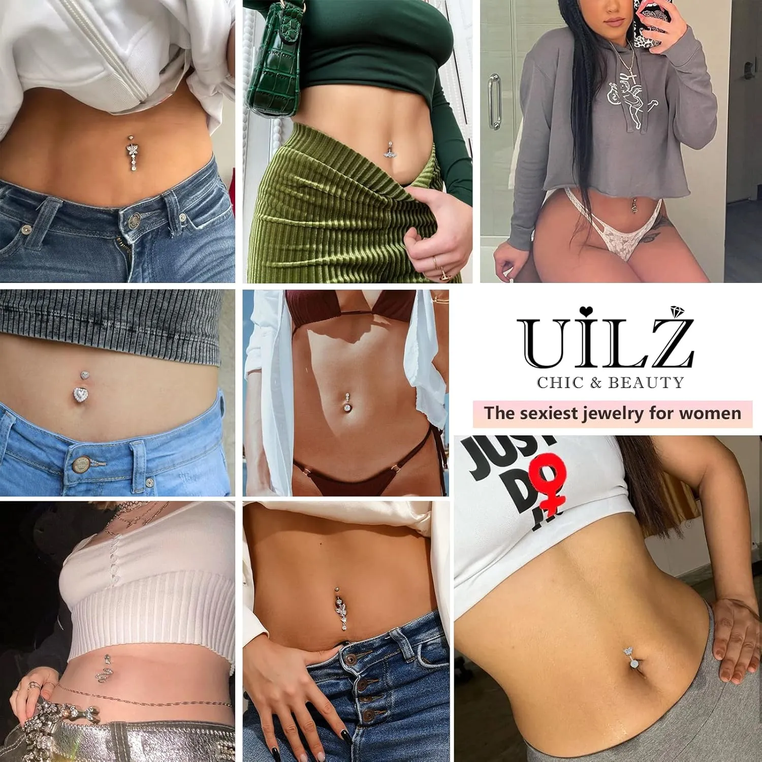 UILZ Belly Button Rings 316L Surgical Steel Belly Piercing Dangling Round CZ Navel Rings for Women Men Body Piercing Jewelry