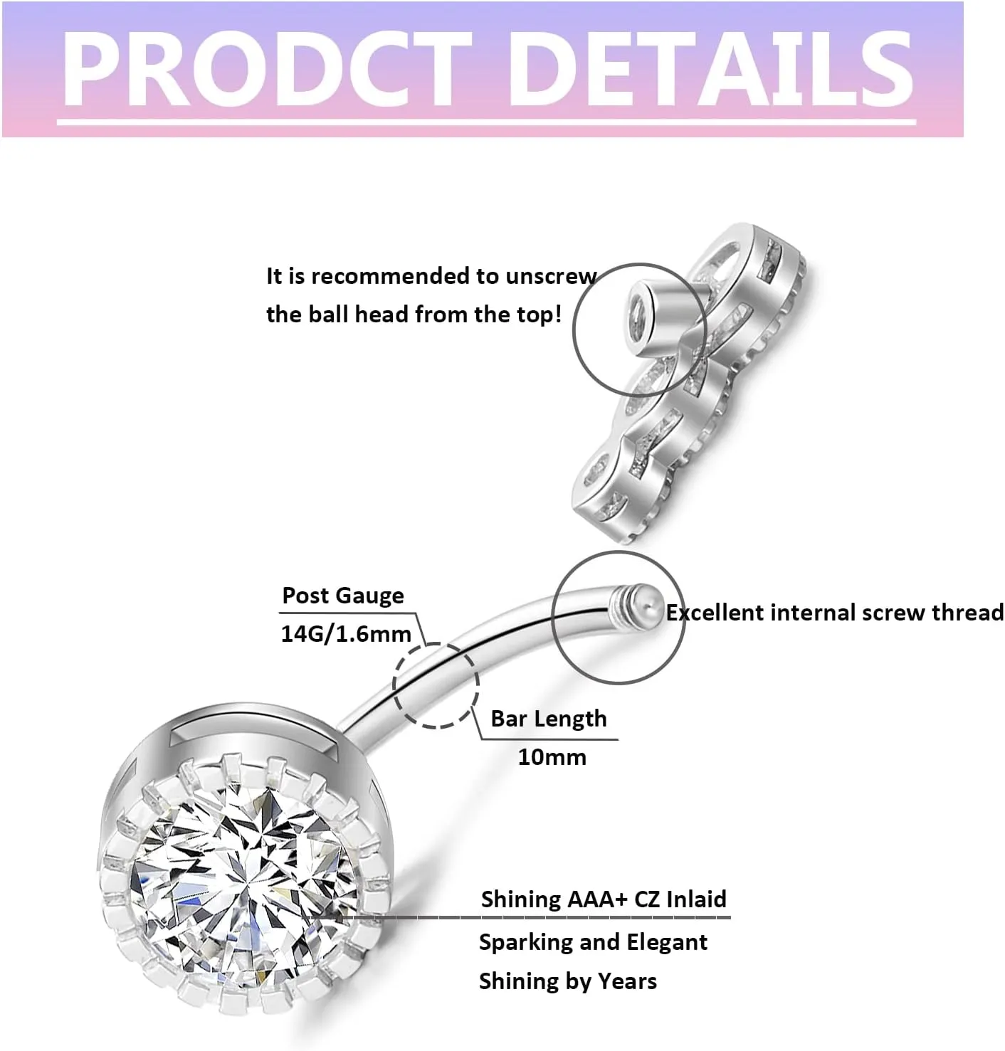 UILZ Belly Button Rings 316L Surgical Steel Belly Piercing Dangling Round CZ Navel Rings for Women Men Body Piercing Jewelry
