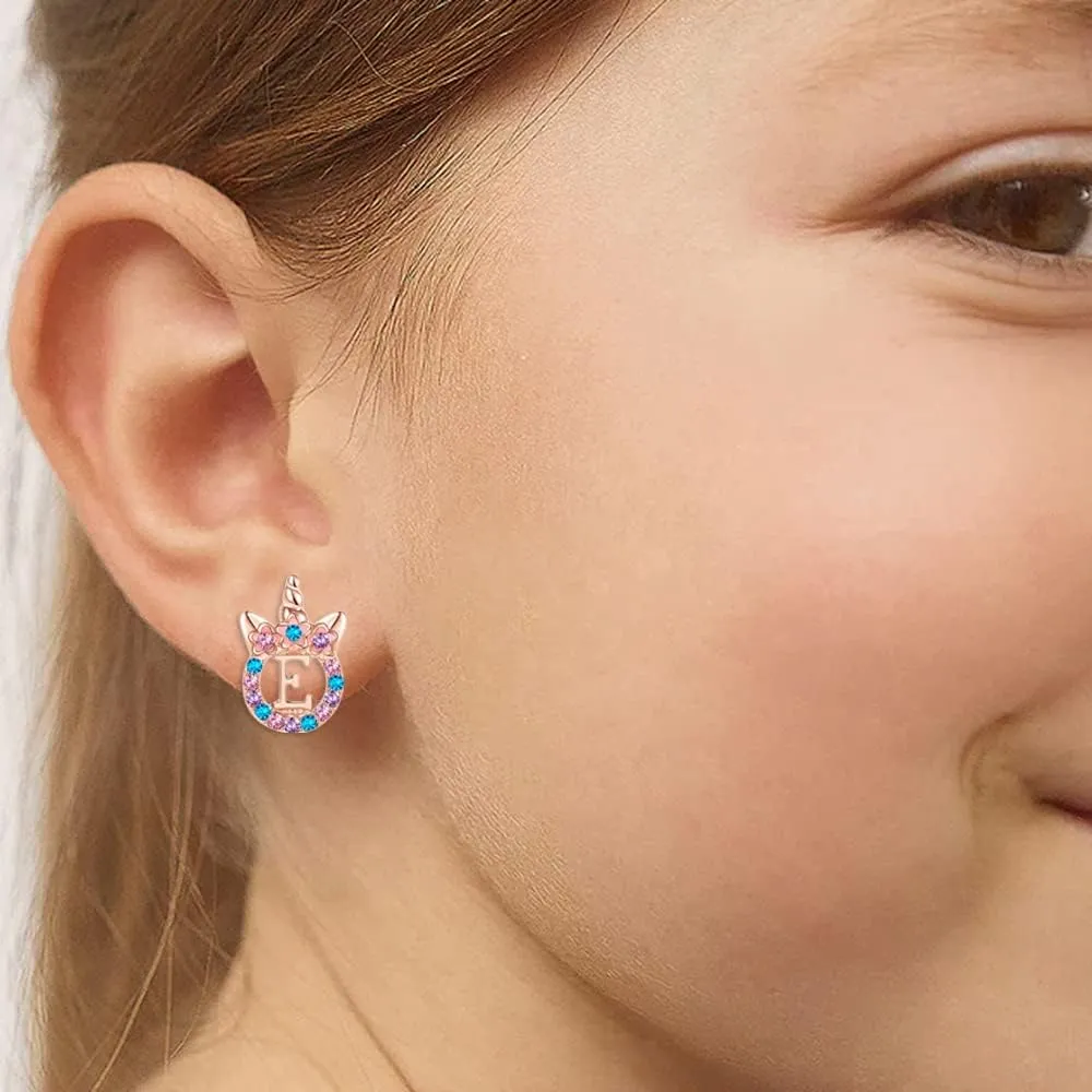Unicorns Hypoallergenic Stud Earrings CZ Initial Letter Stud Earrings Unicorns Jewelry Gifts for Girls 3 years old  